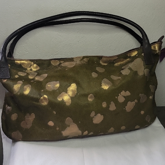 MAURIZIO TAIUTI Made Italy Calf Hair Leather Shoulder Bag Green and Brown - Picture 2 of 13